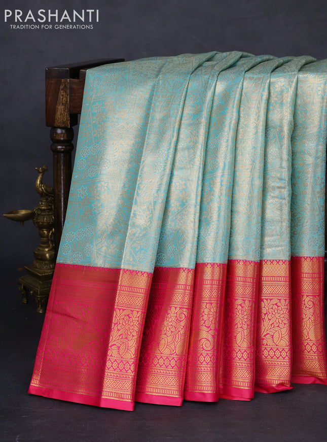 Bangalori tissue silk saree teal blue and pink with allover zari woven brocade weaves and long zari woven border