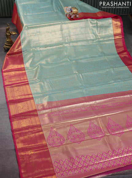 Bangalori tissue silk saree teal blue and pink with allover zari woven brocade weaves and long zari woven border