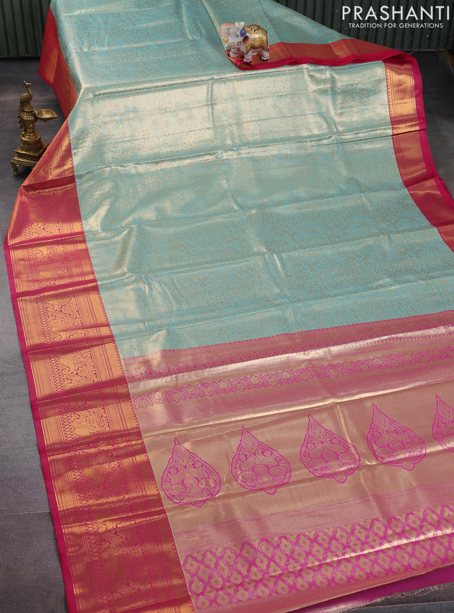 Bangalori tissue silk saree teal blue and pink with allover zari woven brocade weaves and long zari woven border