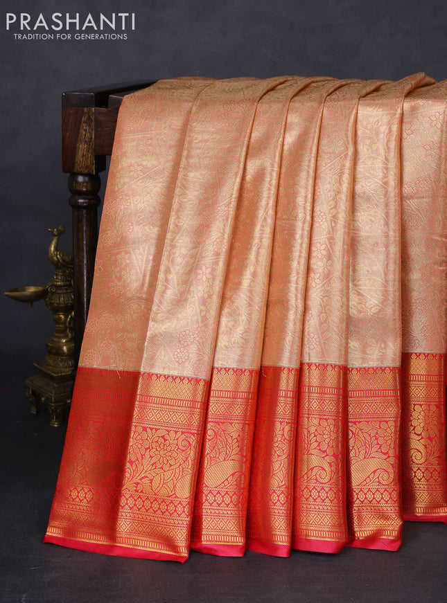 Bangalori tissue silk saree mild peach pink and pink with allover zari woven brocade weaves and long zari woven border
