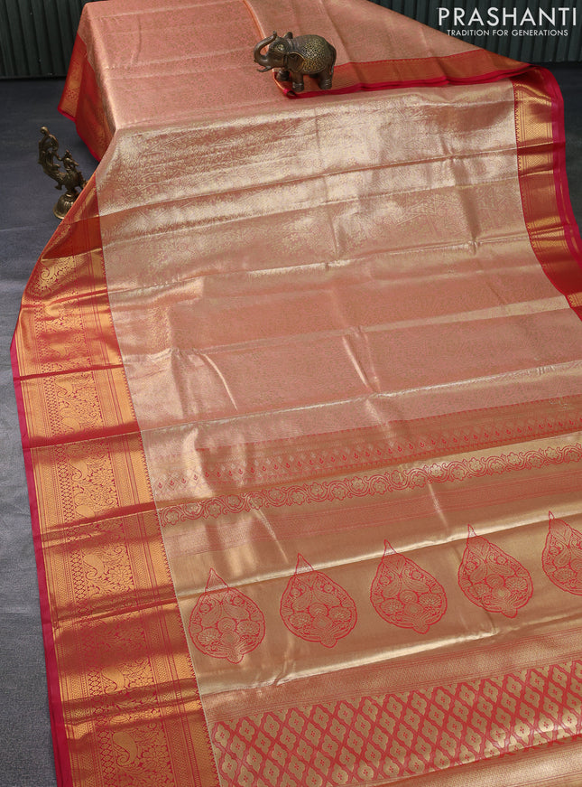 Bangalori tissue silk saree mild peach pink and pink with allover zari woven brocade weaves and long zari woven border
