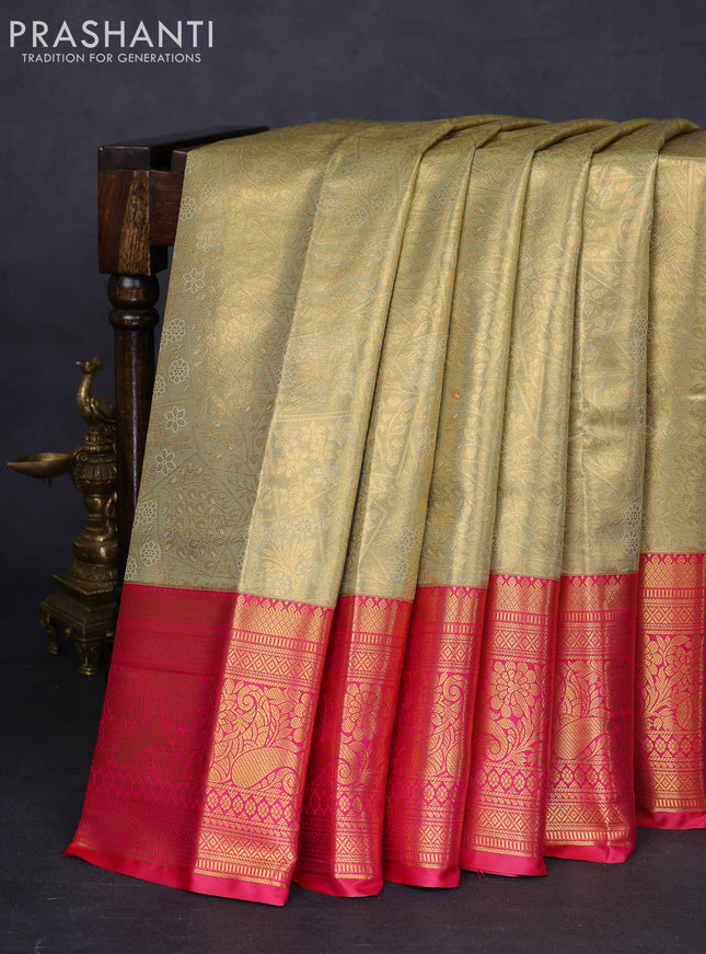 Bangalori tissue silk saree dual shade of pastel shade and pink with allover zari woven brocade weaves and long zari woven border