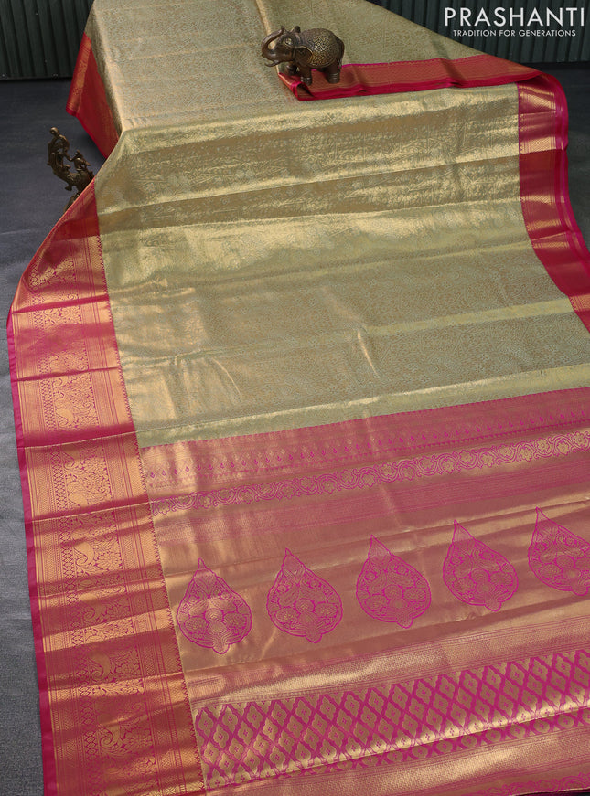 Bangalori tissue silk saree dual shade of pastel shade and pink with allover zari woven brocade weaves and long zari woven border