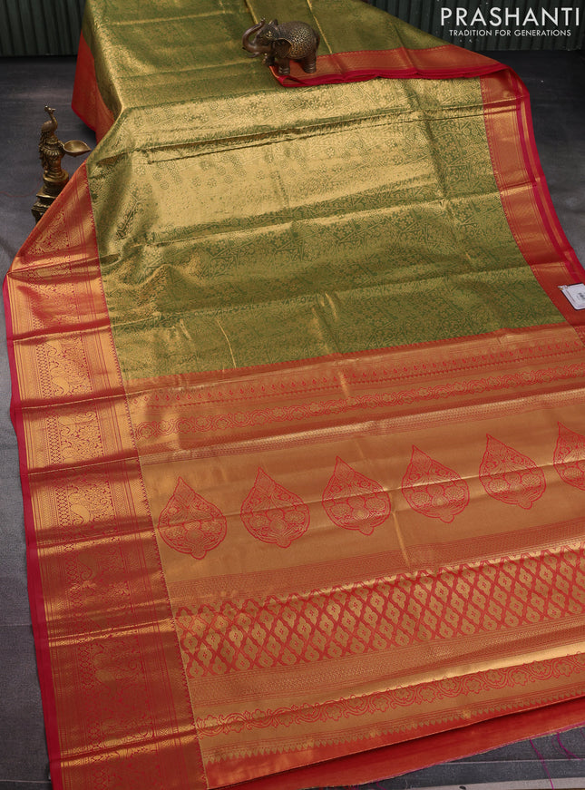 Bangalori tissue silk saree dual shade of mehendi green and reddish pink with allover zari woven brocade weaves and long zari woven border