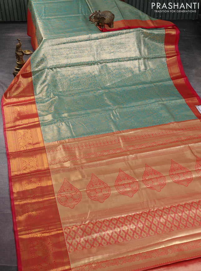 Bangalori tissue silk saree teal green and red with allover zari woven brocade weaves and long zari woven border