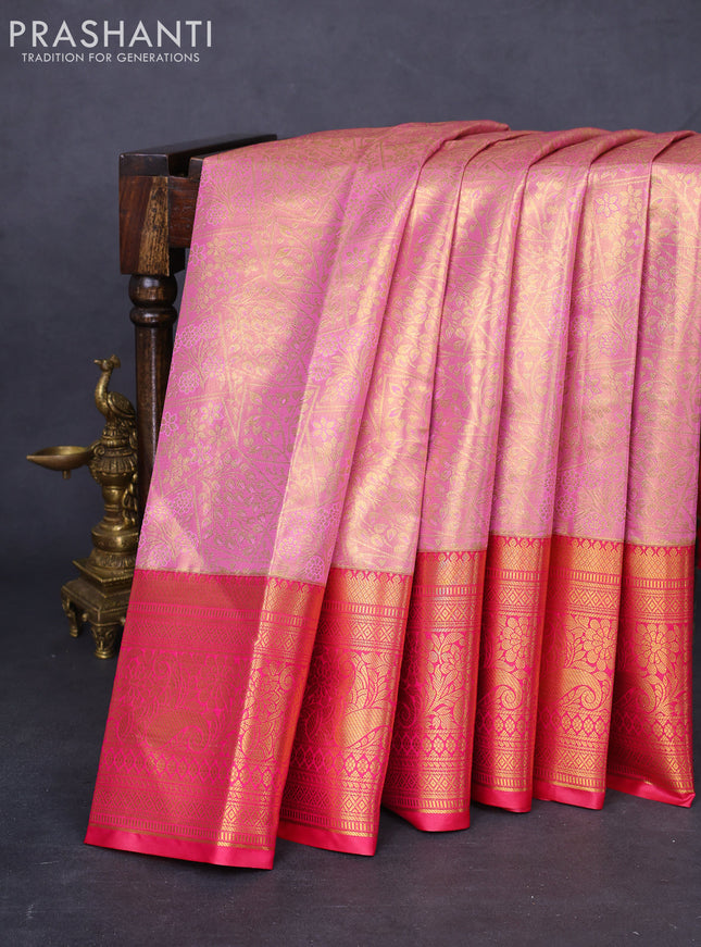 Bangalori tissue silk saree light pink and pink with allover zari woven brocade weaves and long zari woven border