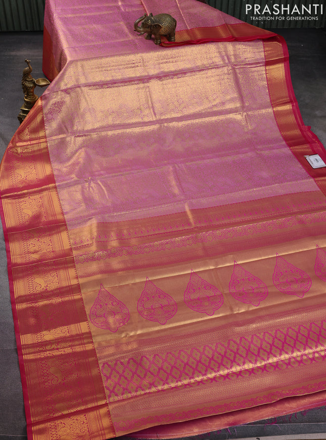 Bangalori tissue silk saree light pink and pink with allover zari woven brocade weaves and long zari woven border