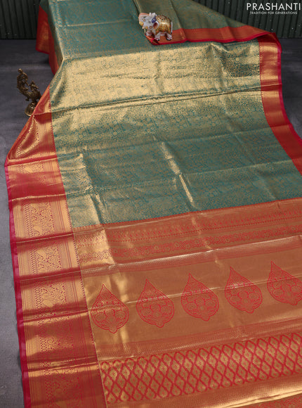 Bangalori tissue silk saree teal green and reddish pink with allover zari woven brocade weaves and long zari woven border