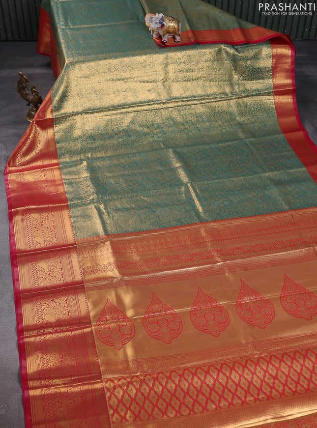 Bangalori tissue silk saree teal green and reddish pink with allover zari woven brocade weaves and long zari woven border