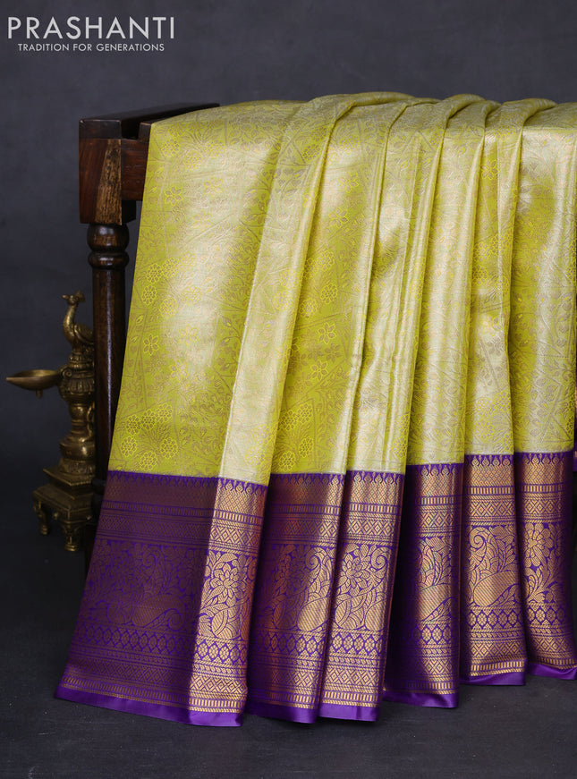 Bangalori tissue silk saree lime yellow and violet with allover zari woven brocade weaves and long zari woven border