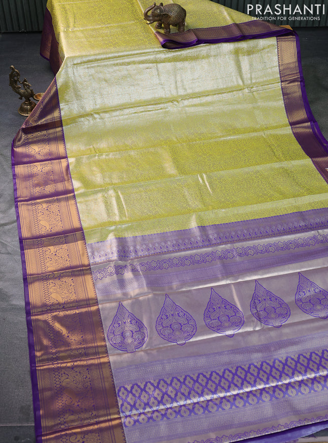 Bangalori tissue silk saree lime yellow and violet with allover zari woven brocade weaves and long zari woven border