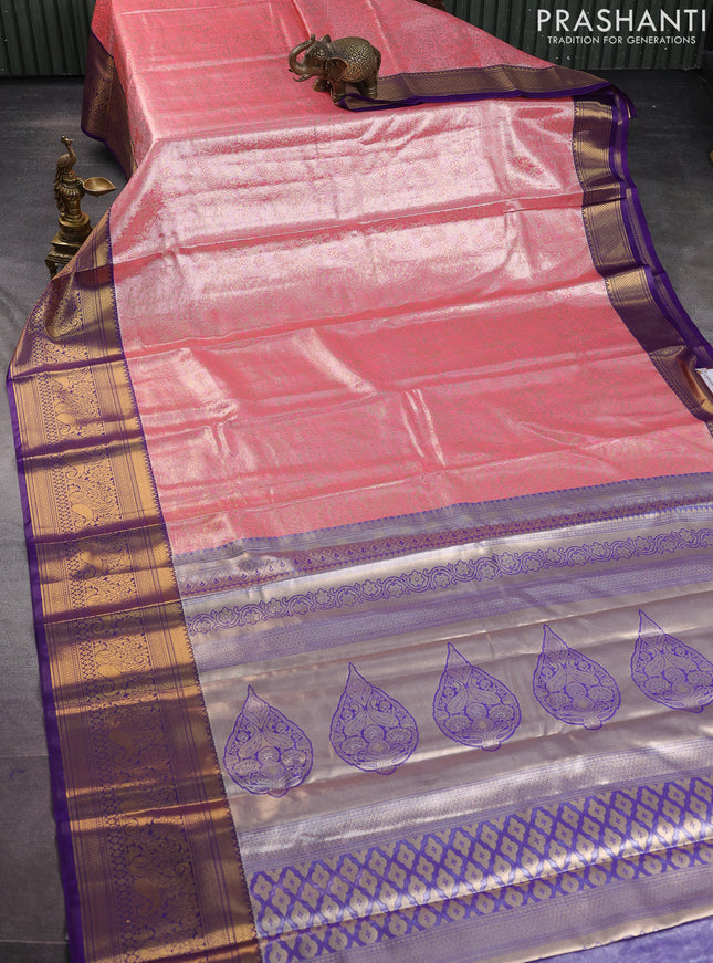 Bangalori tissue silk saree light pink and violet with allover zari woven brocade weaves and long zari woven border
