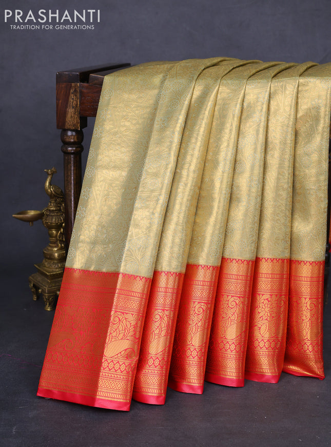 Bangalori tissue silk saree dual shade of gold and pink with allover zari woven brocade weaves and long zari woven border