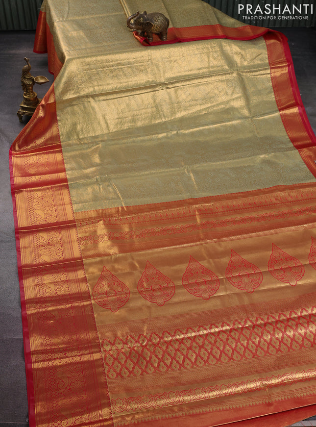 Bangalori tissue silk saree dual shade of gold and pink with allover zari woven brocade weaves and long zari woven border