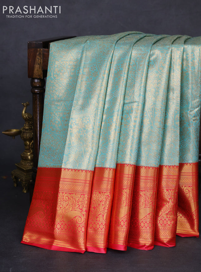 Bangalori tissue silk saree teal blue and reddish pink with allover zari woven brocade weaves and long zari woven border