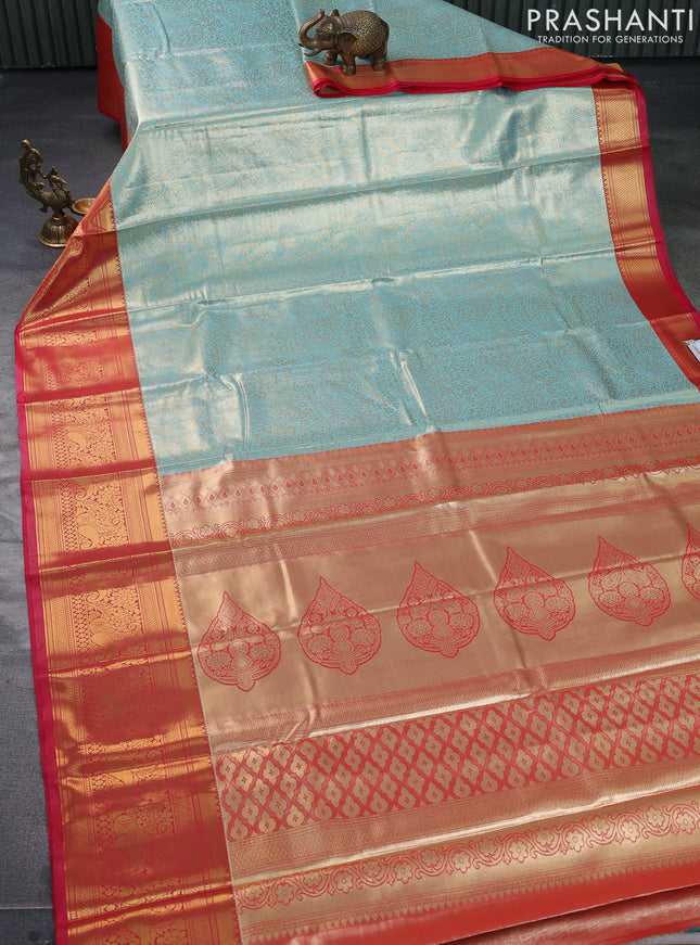 Bangalori tissue silk saree teal blue and reddish pink with allover zari woven brocade weaves and long zari woven border
