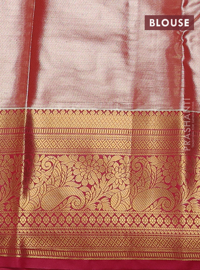 Bangalori tissue silk saree teal blue and reddish pink with allover zari woven brocade weaves and long zari woven border