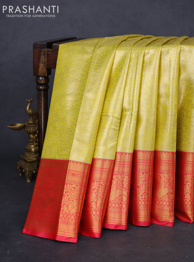 Bangalori tissue silk saree yellow and pink with allover zari woven brocade weaves and long zari woven border
