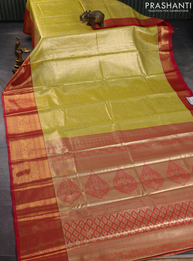 Bangalori tissue silk saree yellow and pink with allover zari woven brocade weaves and long zari woven border