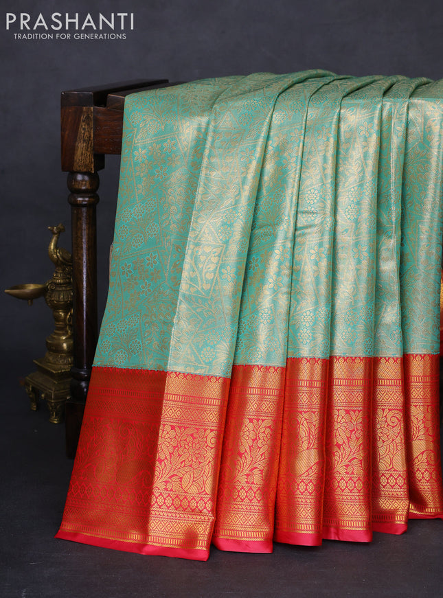 Bangalori tissue silk saree teal shade and pink with allover zari woven brocade weaves and long zari woven border