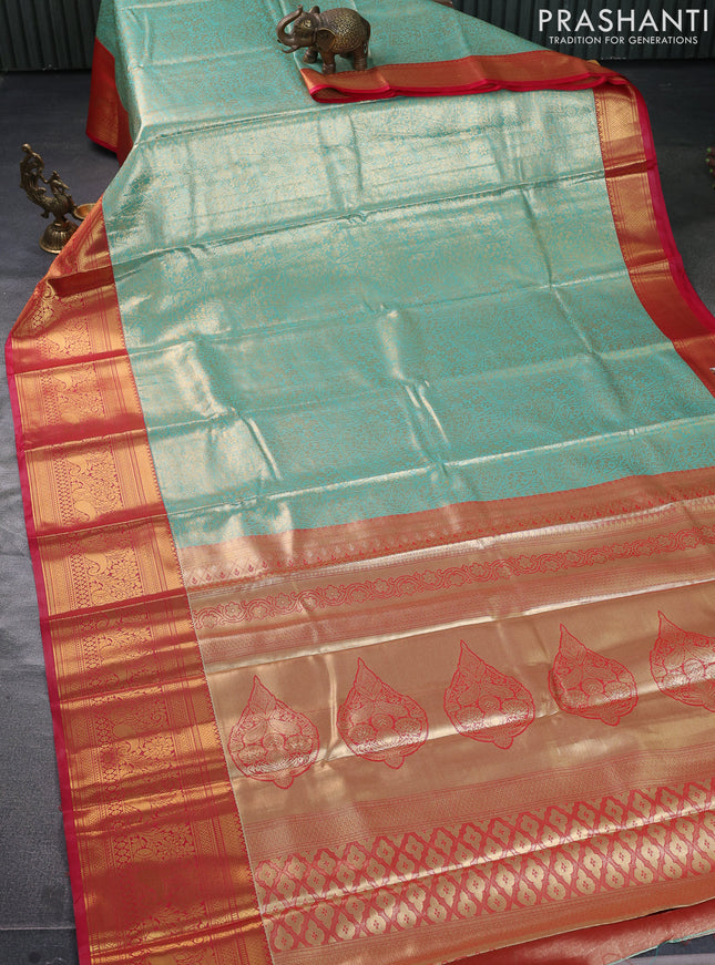 Bangalori tissue silk saree teal shade and pink with allover zari woven brocade weaves and long zari woven border