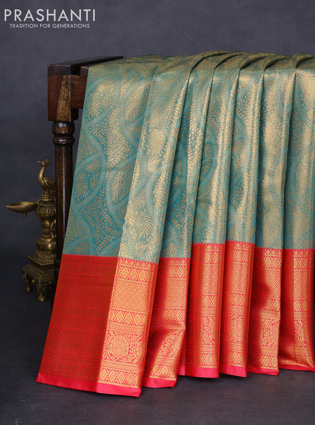 Bangalori tissue silk saree teal green and reddish pink with allover zari woven brocade weaves and long zari woven border