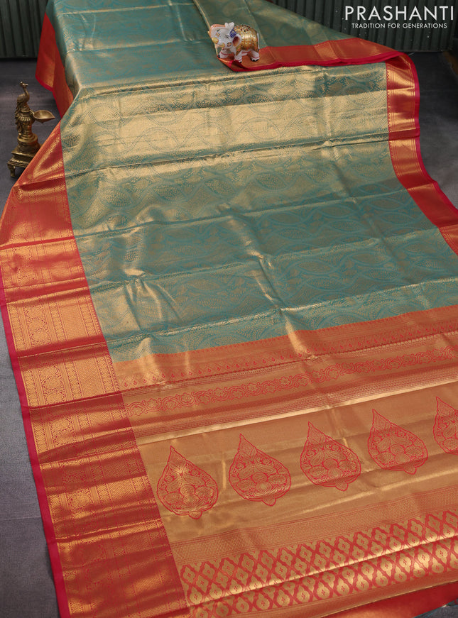 Bangalori tissue silk saree teal green and reddish pink with allover zari woven brocade weaves and long zari woven border