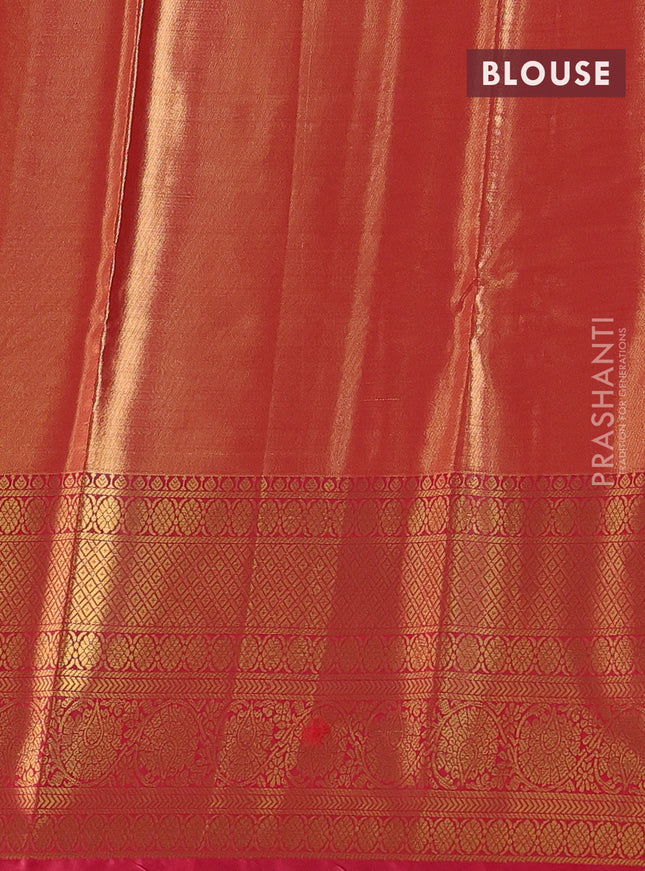 Bangalori tissue silk saree teal green and reddish pink with allover zari woven brocade weaves and long zari woven border