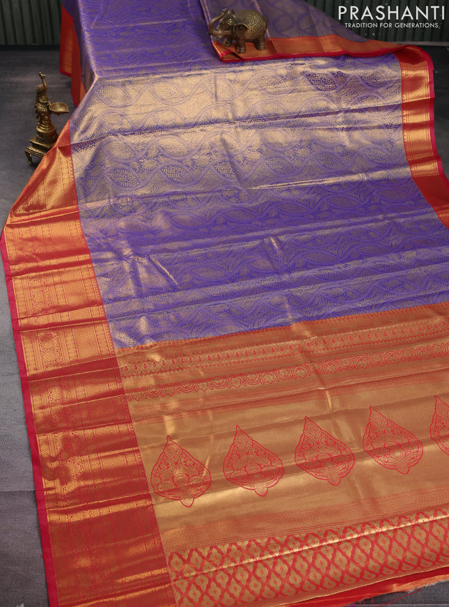 Bangalori tissue silk saree blue and red with allover zari woven brocade weaves and long zari woven border