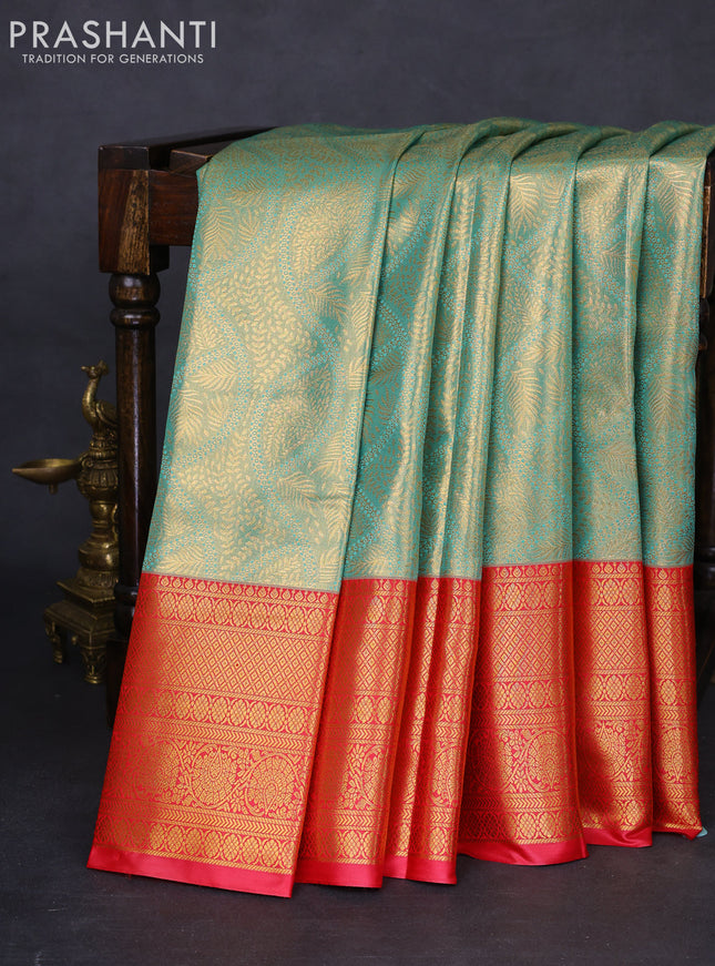 Bangalori tissue silk saree teal green shade and red with allover zari woven brocade weaves and long zari woven border