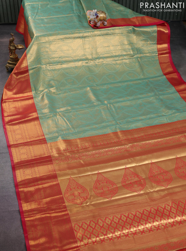 Bangalori tissue silk saree teal green shade and red with allover zari woven brocade weaves and long zari woven border