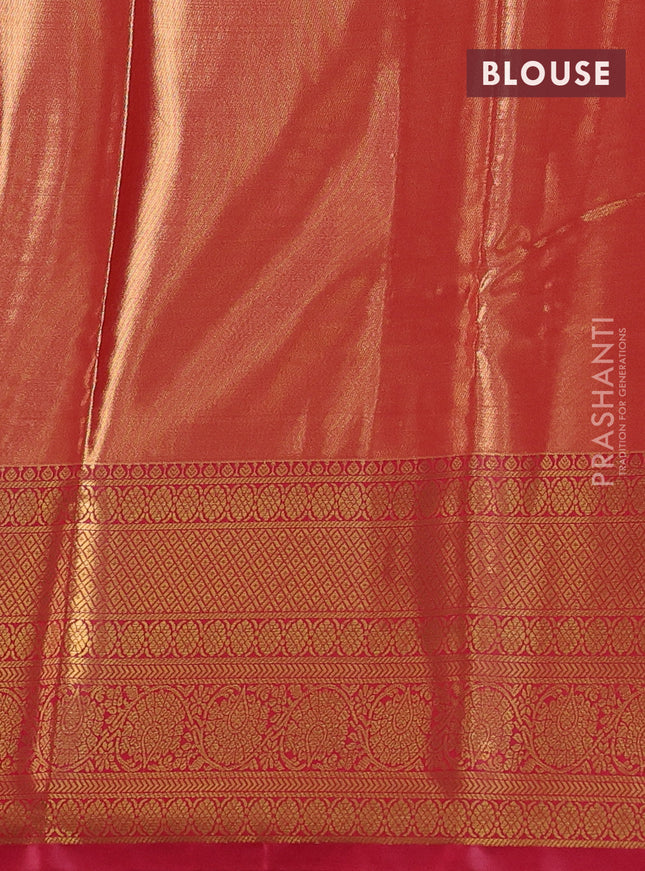 Bangalori tissue silk saree teal green shade and red with allover zari woven brocade weaves and long zari woven border