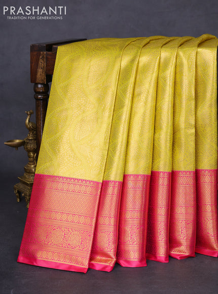 Bangalori tissue silk saree lime yellow and pink with allover zari woven brocade weaves and long zari woven border