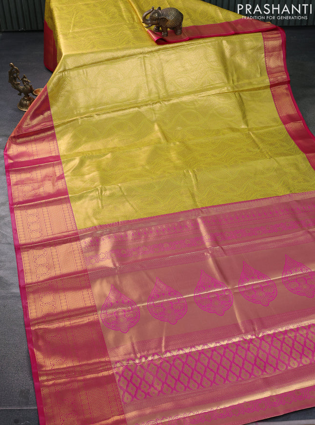 Bangalori tissue silk saree lime yellow and pink with allover zari woven brocade weaves and long zari woven border
