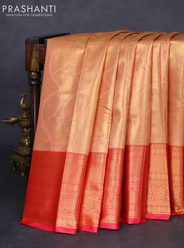 Bangalori tissue silk saree peach shade and reddish pink with allover zari woven brocade weaves and long zari woven border