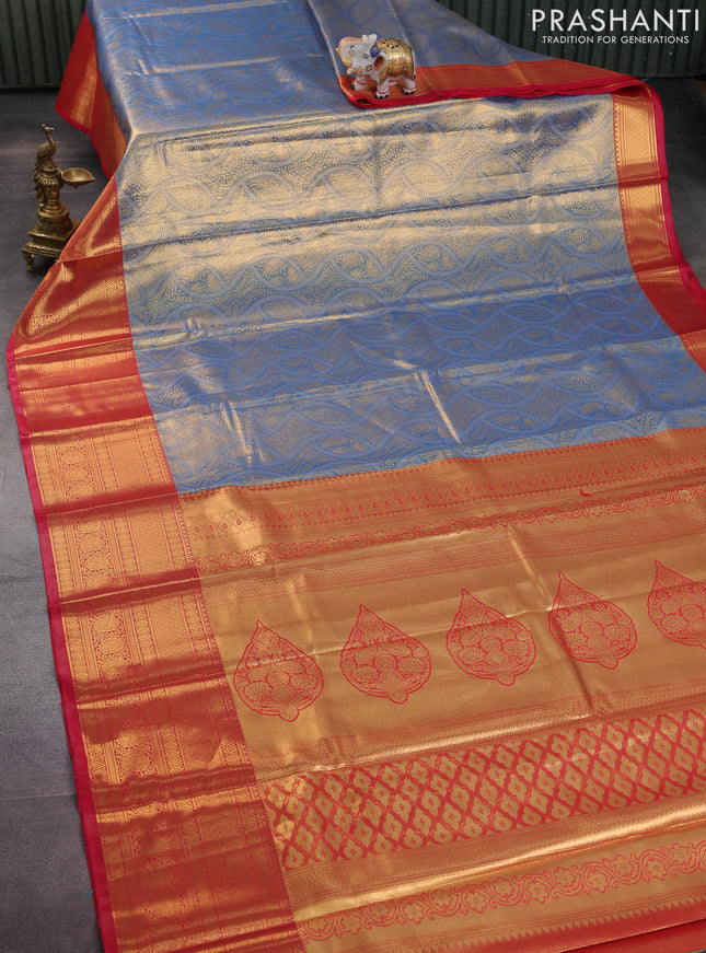 Bangalori tissue silk saree dual shae of blue and pink with allover zari woven brocade weaves and long zari woven border