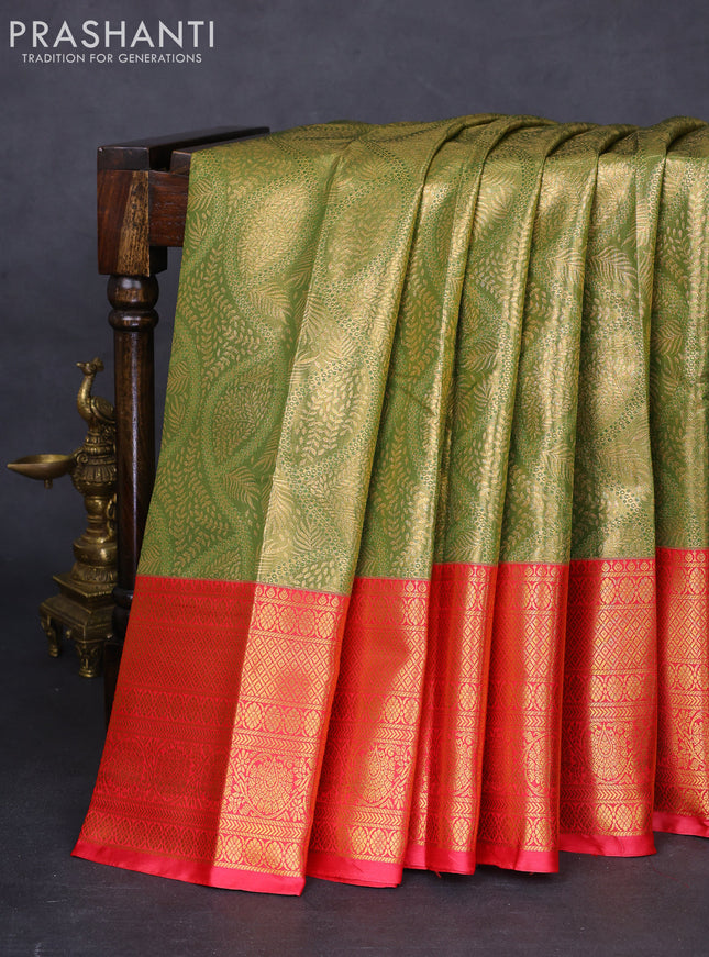 Bangalori tissue silk saree green and reddish pink with allover zari woven brocade weaves and long zari woven border