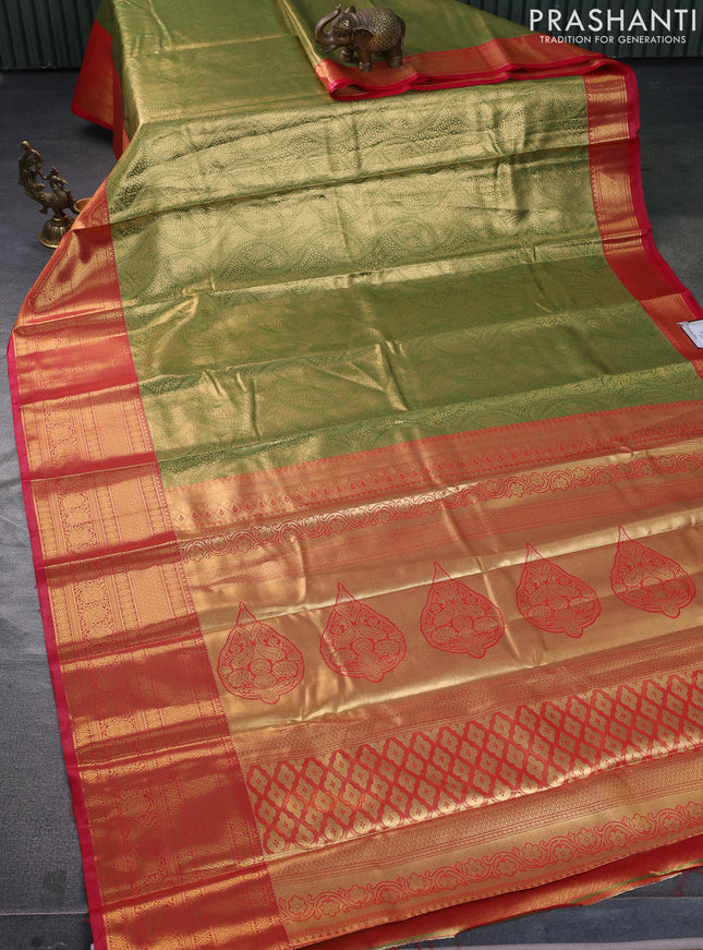 Bangalori tissue silk saree green and reddish pink with allover zari woven brocade weaves and long zari woven border