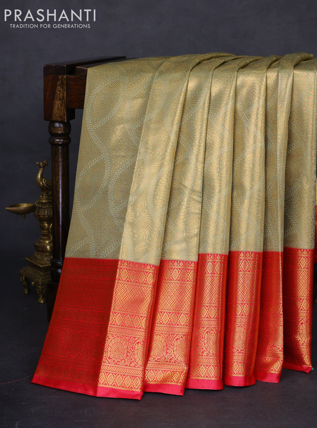 Bangalori tissue silk saree pastel green shade and reddish pink with allover zari woven brocade weaves and long zari woven border