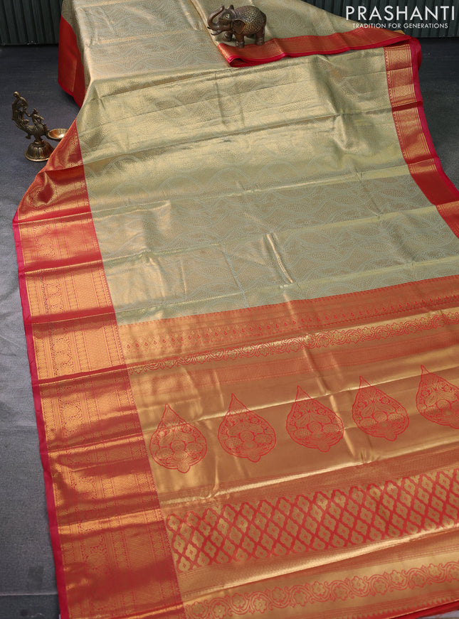 Bangalori tissue silk saree pastel green shade and reddish pink with allover zari woven brocade weaves and long zari woven border