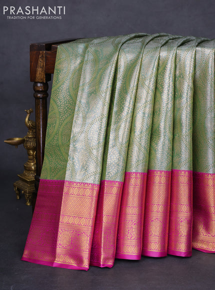 Bangalori tissue silk saree pastel green and purple with allover zari woven brocade weaves and long zari woven border