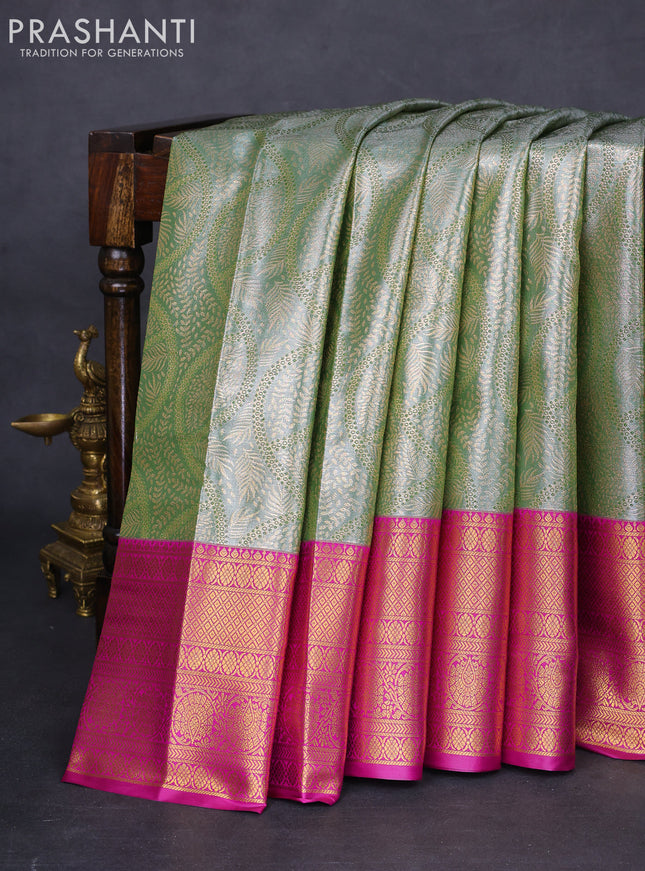 Bangalori tissue silk saree pastel green and purple with allover zari woven brocade weaves and long zari woven border