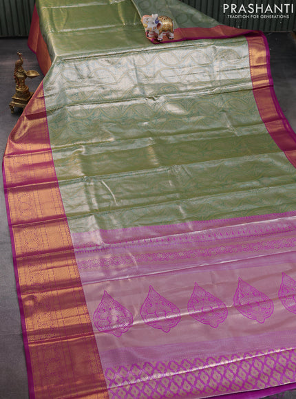 Bangalori tissue silk saree pastel green and purple with allover zari woven brocade weaves and long zari woven border