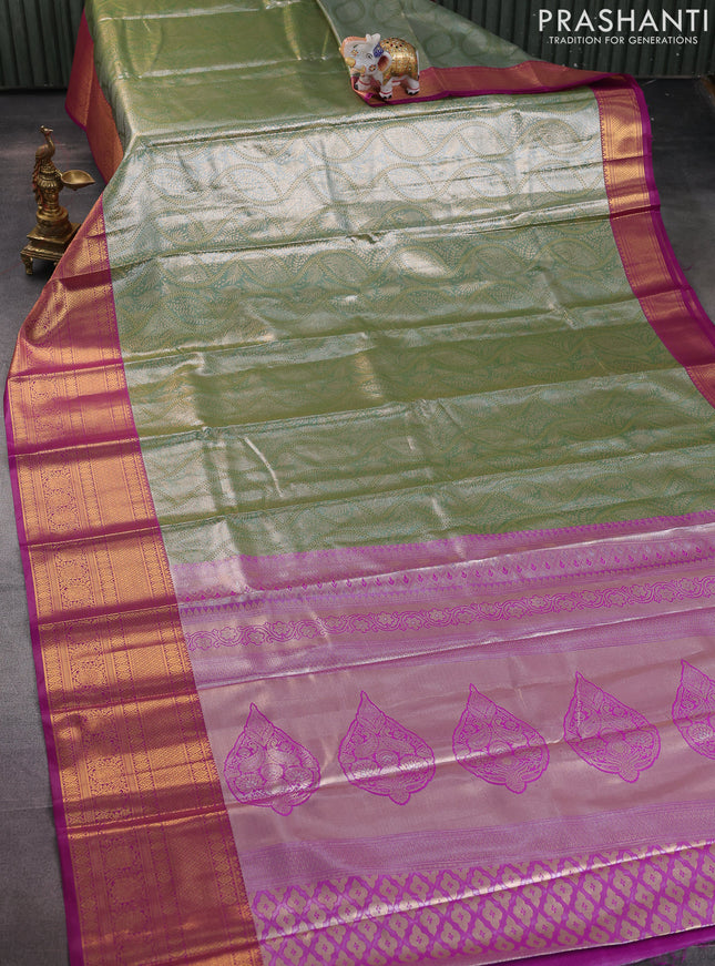 Bangalori tissue silk saree pastel green and purple with allover zari woven brocade weaves and long zari woven border