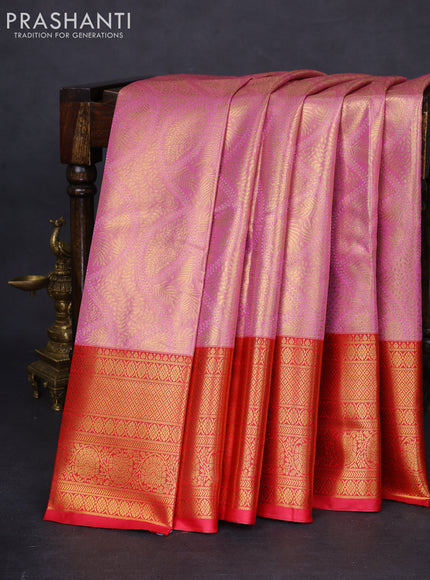 Bangalori tissue silk saree light pink and pink with allover zari woven brocade weaves and long zari woven border
