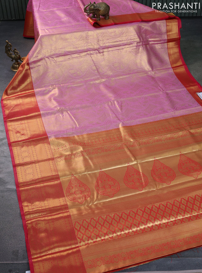 Bangalori tissue silk saree light pink and pink with allover zari woven brocade weaves and long zari woven border