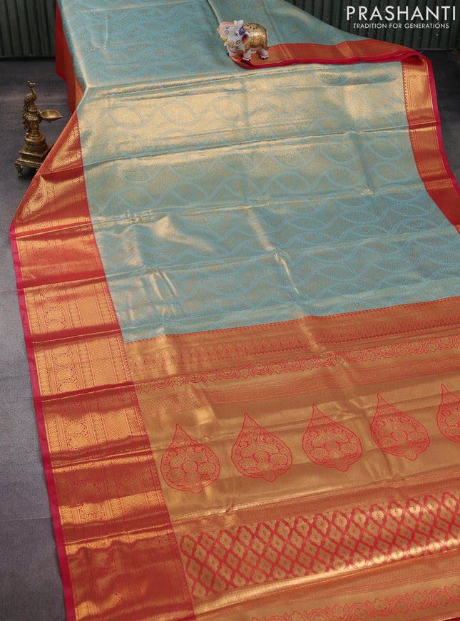 Bangalori tissue silk saree teal blue and reddish pink with allover zari woven brocade weaves and long zari woven border
