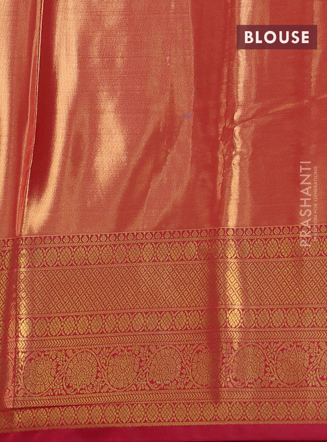 Bangalori tissue silk saree teal blue and reddish pink with allover zari woven brocade weaves and long zari woven border