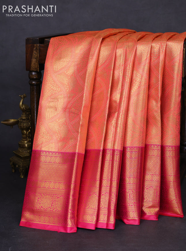 Bangalori tissue silk saree peach pink and pink with allover zari woven brocade weaves and long zari woven border