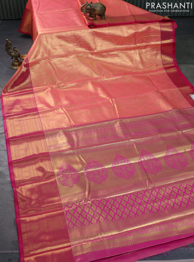 Bangalori tissue silk saree peach pink and pink with allover zari woven brocade weaves and long zari woven border